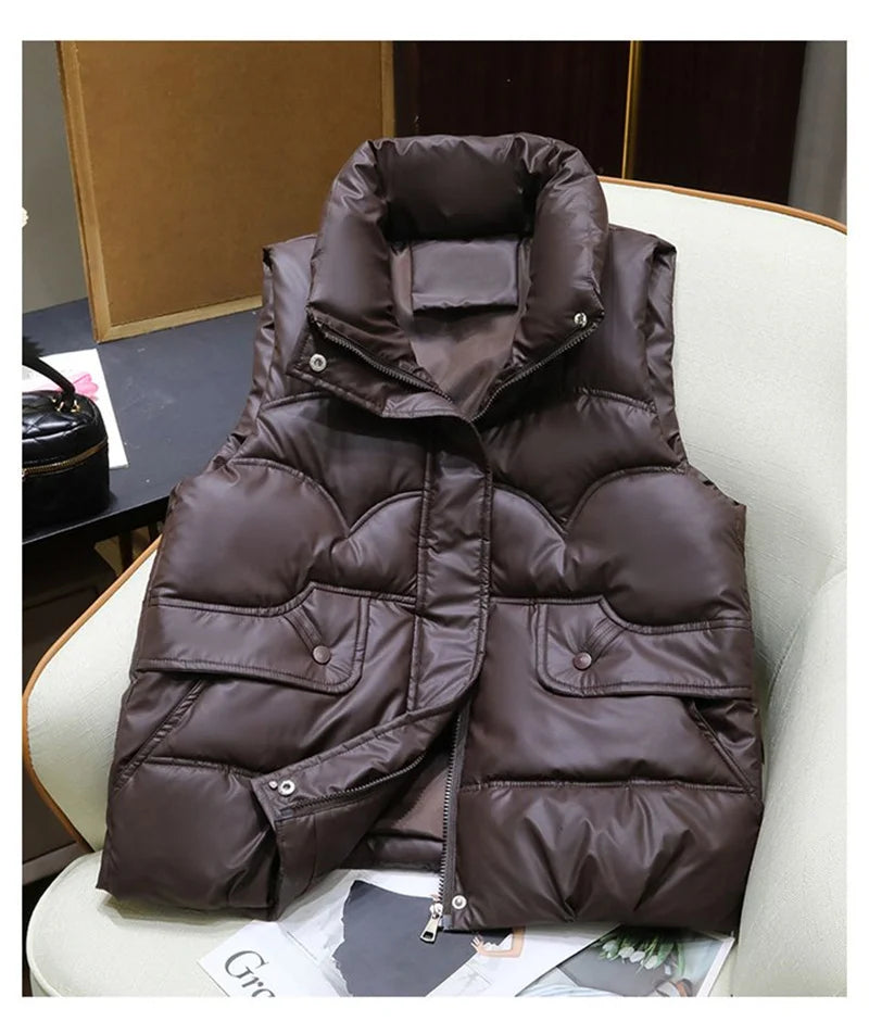 Down Cotton Vest Women 2025 New Autumn Winter Fashion Stand Collar All-Match Warm Sleeveless Waistcoat Jacket Ladies Female Tops