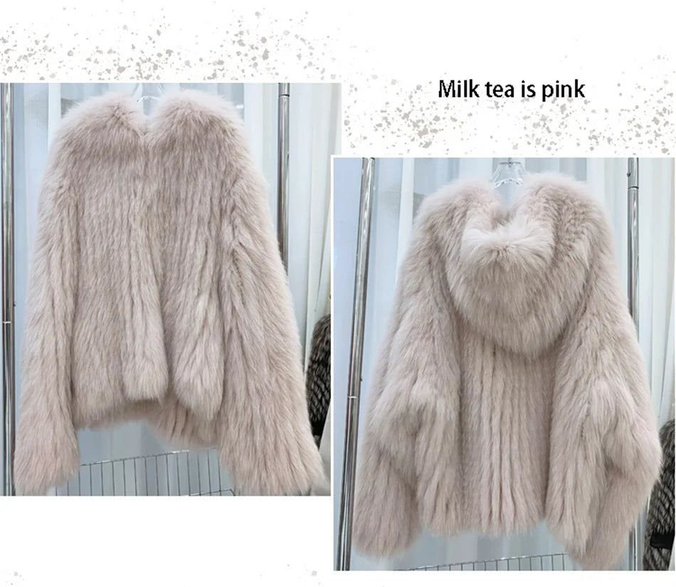 Fox Fur Coat Women's Winter Fashion Warm 100% Fox Fur Coat Hooded Long Sleeved Sweet Women's Luxury Designer Coat