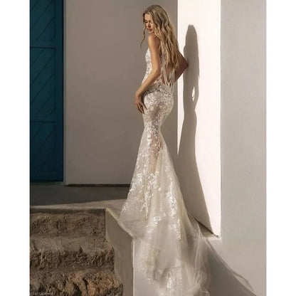 Fashion Wedding Dresses Lace Appliques V-Neck Beads Pearls Bride Gowns Mermaid Custom Made Sweep Train Beach Vestidos De Novia