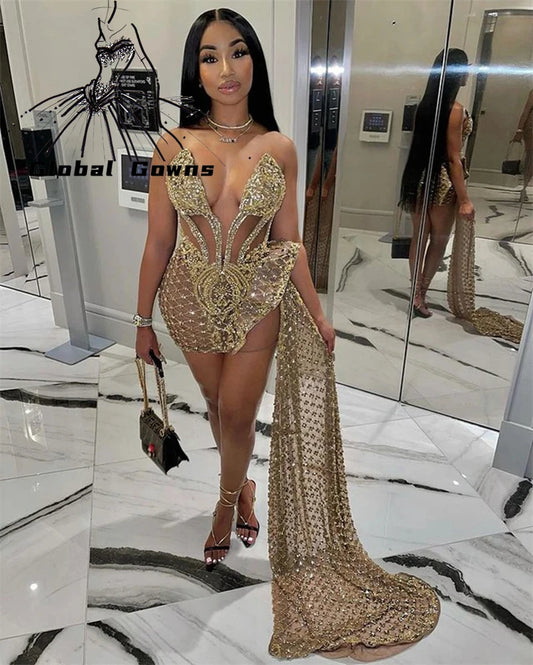 Sparkly Sweetheart Sleeveless Gold Sequined African Black Girls Short Prom Dresses With Side Train For Birthday Customized