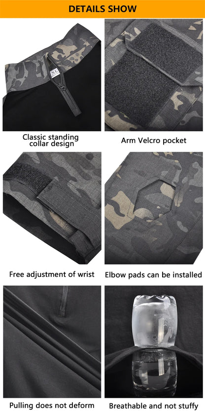 Men's Outdoor Tactical Shirts Long Sleeve Outfit Combat Shirt 1/4 Zipper Ripstop Tops Workwear pullover Camo Airsoft T-Shirts