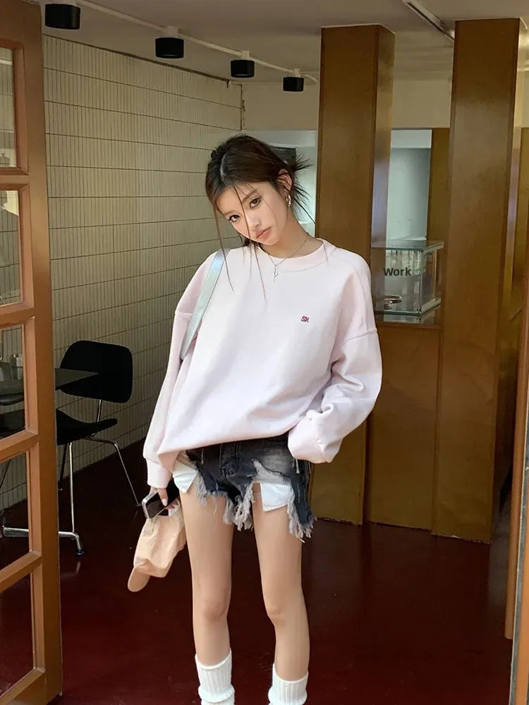Light Pink Lettered Oversized Shoulder Sweatshirt Women's Full Sleeve round Neck Spring Autumn New Style Comfortable Casual Top