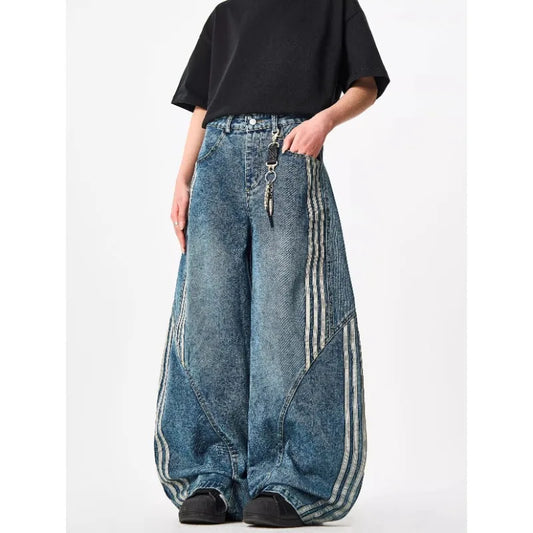 Y2K Custom Women Jeans Vintage Reconstruction Denim Pants Wide Leg With Distressed Wash And Stripe Details