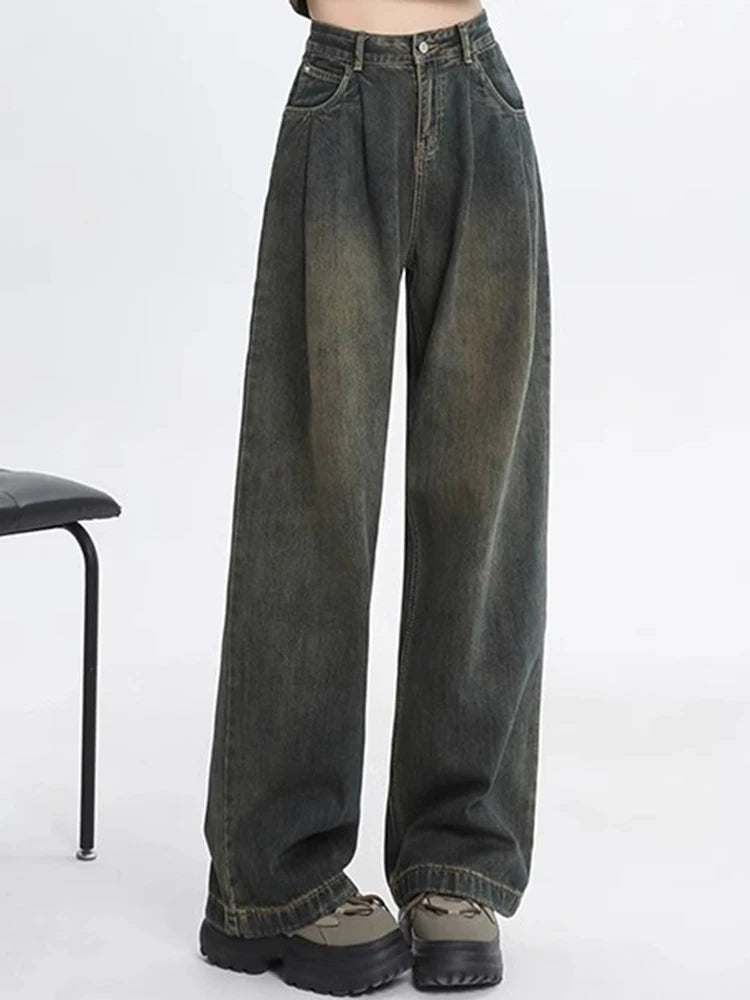 Woman High Waist Straight Leg Jeans Lady Loose Denim Wide Leg Pants Girls Korean Khaki Retro Blue Light Blue Gray White Trousers