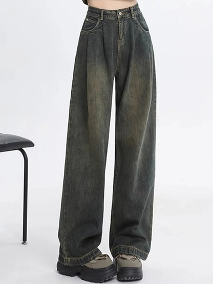 Woman High Waist Straight Leg Jeans Lady Loose Denim Wide Leg Pants Girls Korean Khaki Retro Blue Light Blue Gray White Trousers