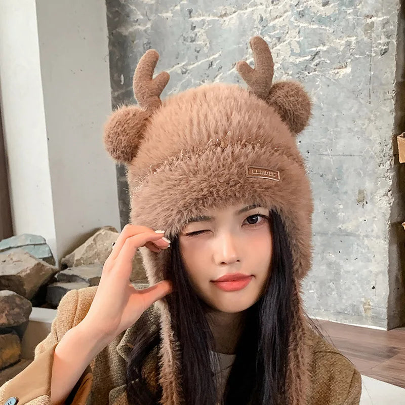 Knitted Hat Beanie Winter Warm Fleece Lined Reindeer Antlers Korean Style Cute Christmas Party Women Girls Thickened Thermal