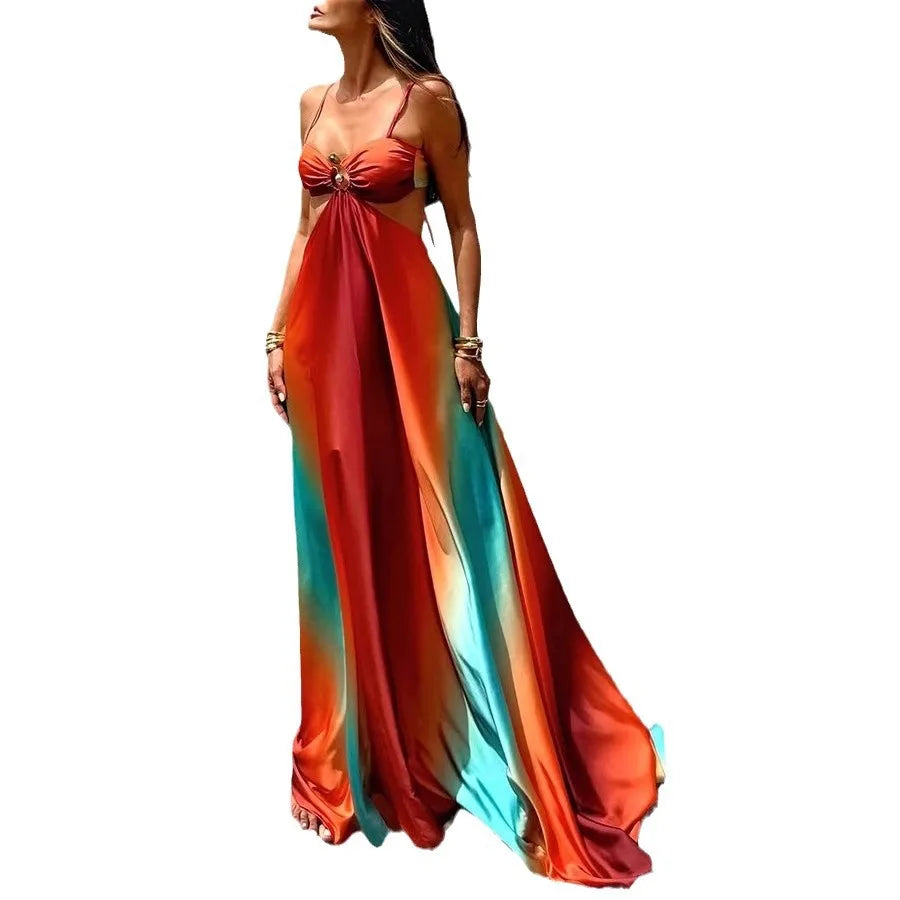 Summer 2025 & 2026 Elegant Women's Long Dress Bohemian Off-Shoulder Bodycon Dress Sexy Strap Gradient Island Style Beach Maxi Dresses