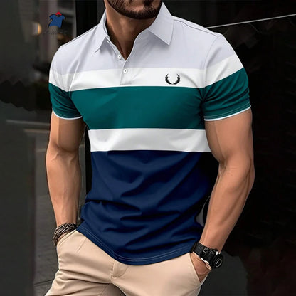 New Summer Striped Patchwork Striped Men's Polo T-shirt Fashion Lapel Button Sports Trend Street Wear Short Sleeve Top Men Shirt