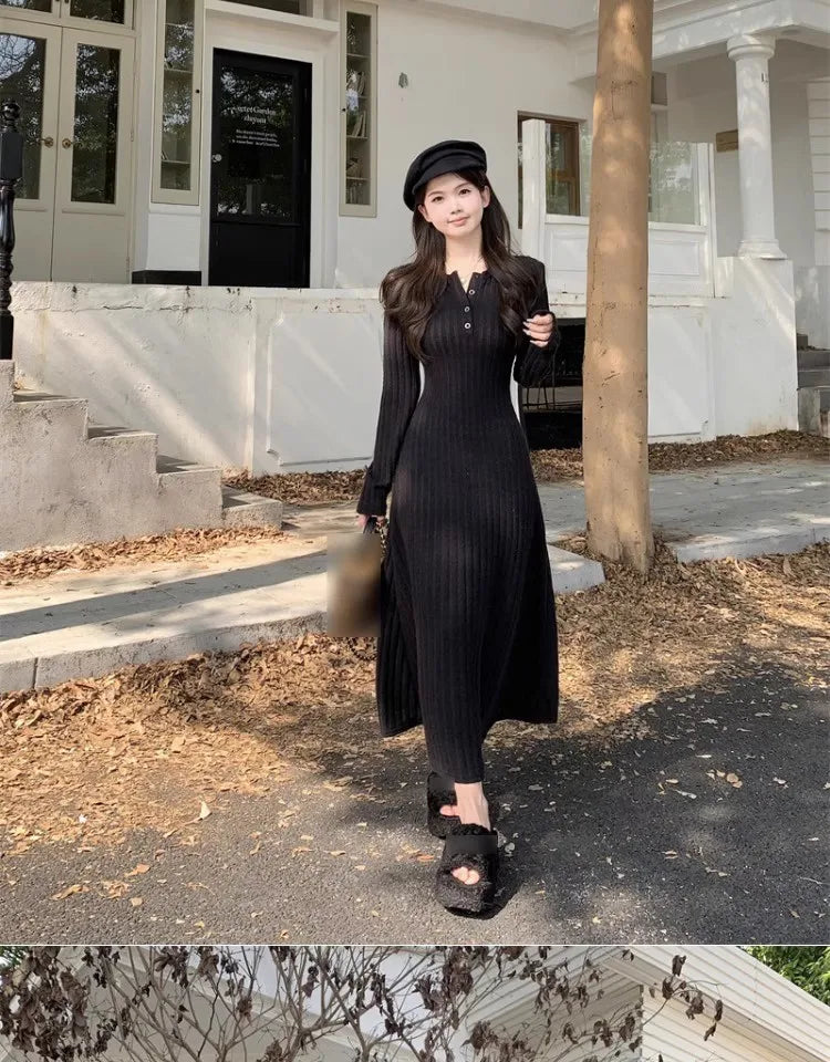 French Style Long Sleeve Knitted Dress Vintage Waist Cinching A- Line Skirt Women Autumn Winter New Arrival Slimming Inner Wear