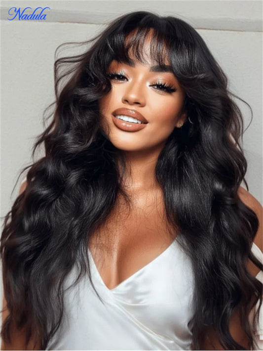 Nadula Hair 3D Body Wave Bangs Drawstring Glueless Human Hair Wig 7x5 Bye Bye Knots Glueless Wig Human Hair Ready to Wear 180%