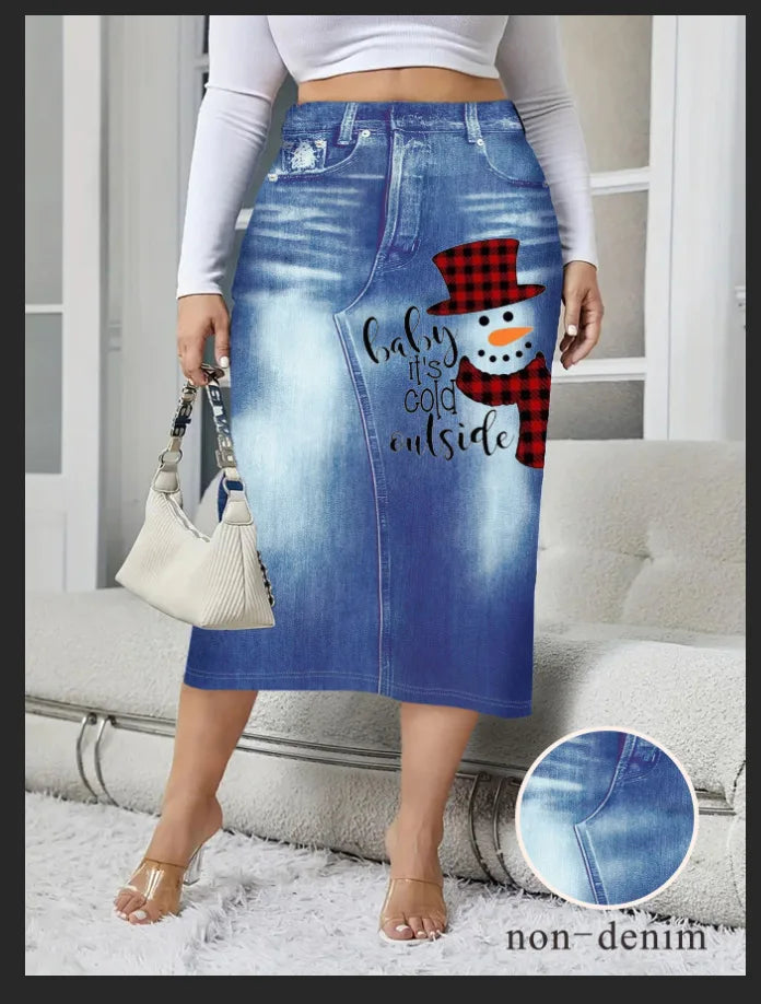 2026 Women's Spring Autumn Elegant Modest Plus size Skirts Fashion Women Silm Fit Dress Imitation Denim Print Bag Hip Skirt