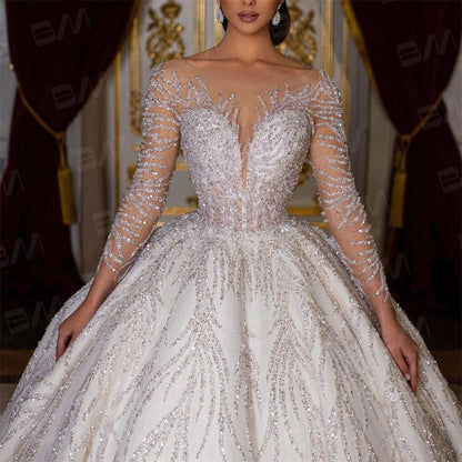Beaded Sexy Bride Dresses Vestidos De Novia Luxury Hand Beaded Long Sleeve Wedding Dress Ball Gown Long Chapel Train