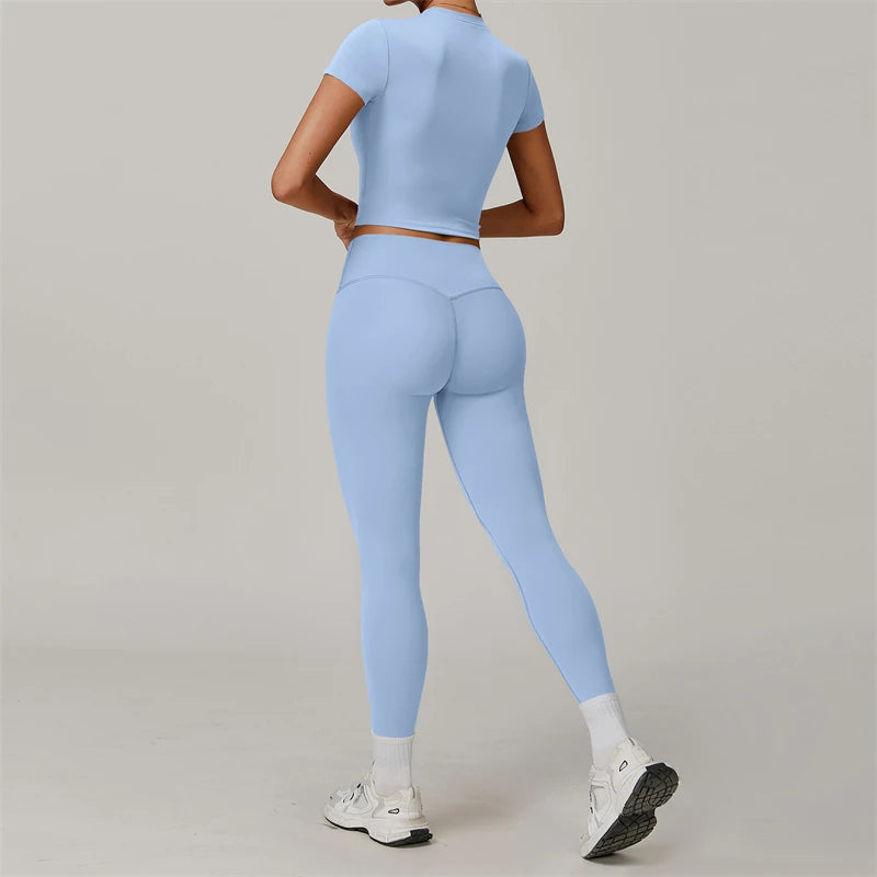 2 Pieces Women Yoga Set Workout Sportswear Gym Clothing Fitness Short Sleeve Crop Top High Waist Leggings Sport Suits