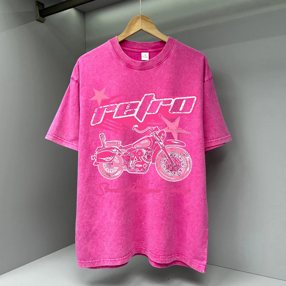 Y2K Pink Retro Motorcycle Street Print Men Tshirts Breathable T Shirts Loose Cotton Tee Clothing Casual Tops Brand Oversize Tees