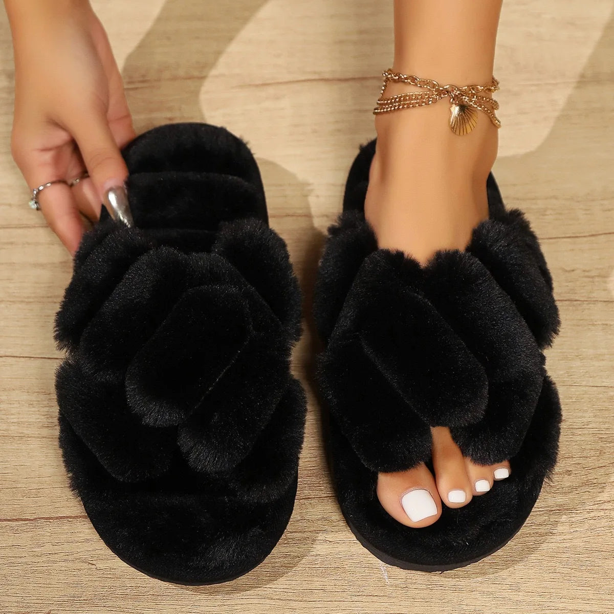 Women's Suede Fur Cross Slippers for Autumn Winter Home Use Thick Soled Non-Slip Slippers Comfortable Warm