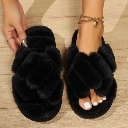 Women's Suede Fur Cross Slippers for Autumn Winter Home Use Thick Soled Non-Slip Slippers Comfortable Warm