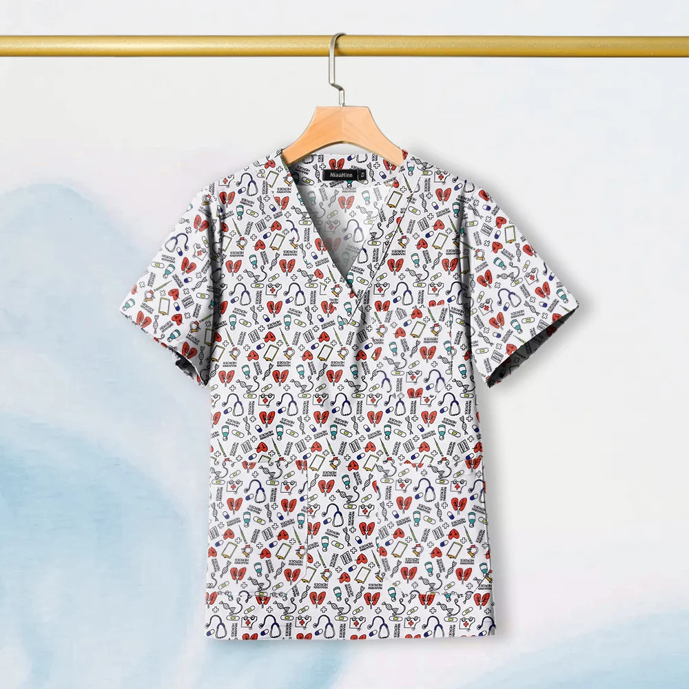 Hot Sales V-Neck Printed Scrub Tops for Women Men Nurse Uniform 100% Cotton Breathable Scrubs Uniforms Medical Blouses Wholesale