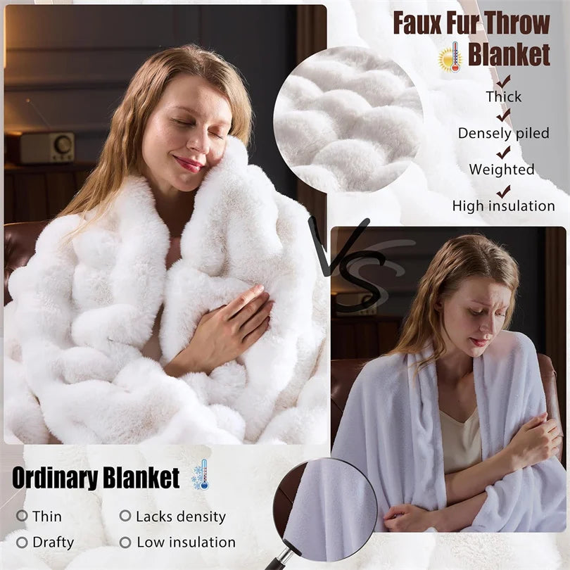 Ultra Soft Luxury Flffy Faux Rabbit Fur Blanket, Thick Winter Warm Throw Blankets, Plush Cozy Bubble Fleece Blankets Home Decor