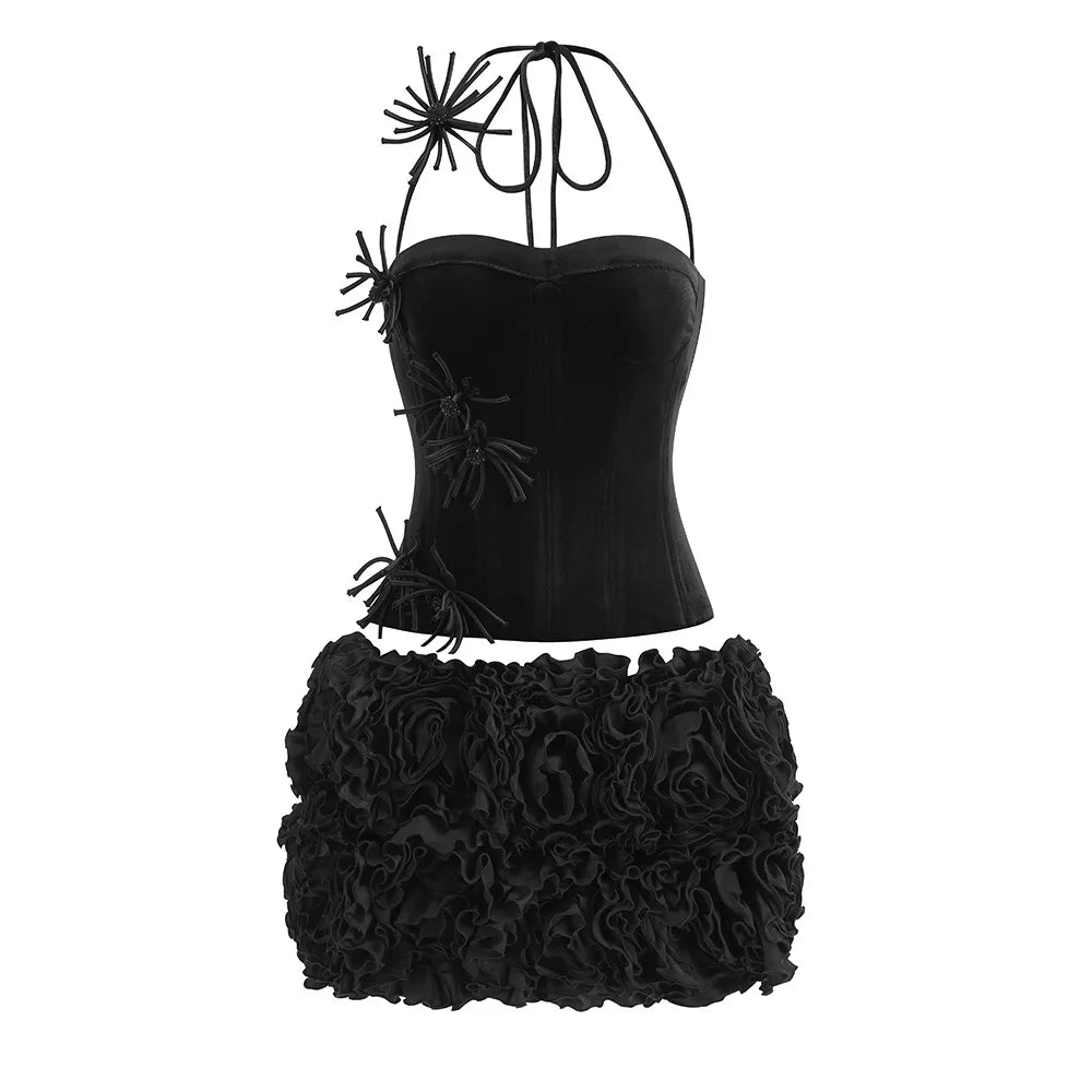 Women Sexy Party Dress Halter Laced Up Crop Top And Flowers Mini Skirt Two Piece Sets Club Evening Celebrity Outfits Wholesale