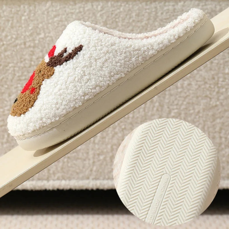 Christmas Elk Warm Cotton Slippers Women Winter Comfortable Home Slides Cute Furry Reindeer Warm Plush Sandals for Men Women