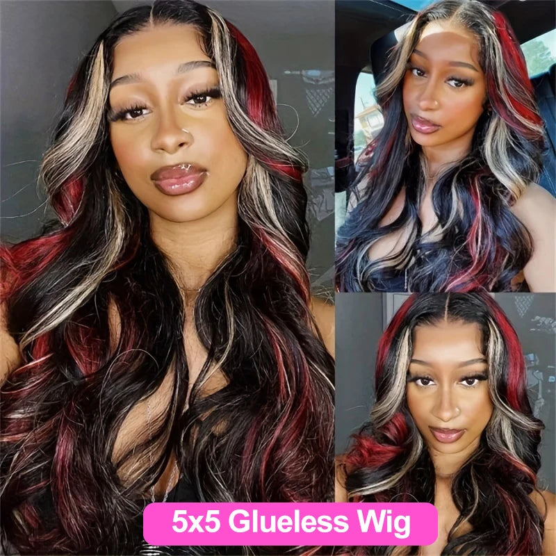 Highlight Black Red Blonde Wig Human Hair 5x5 Glueless Body Wave  Balayage Colored Wigs Human Hair Pre Plucked 180% Density
