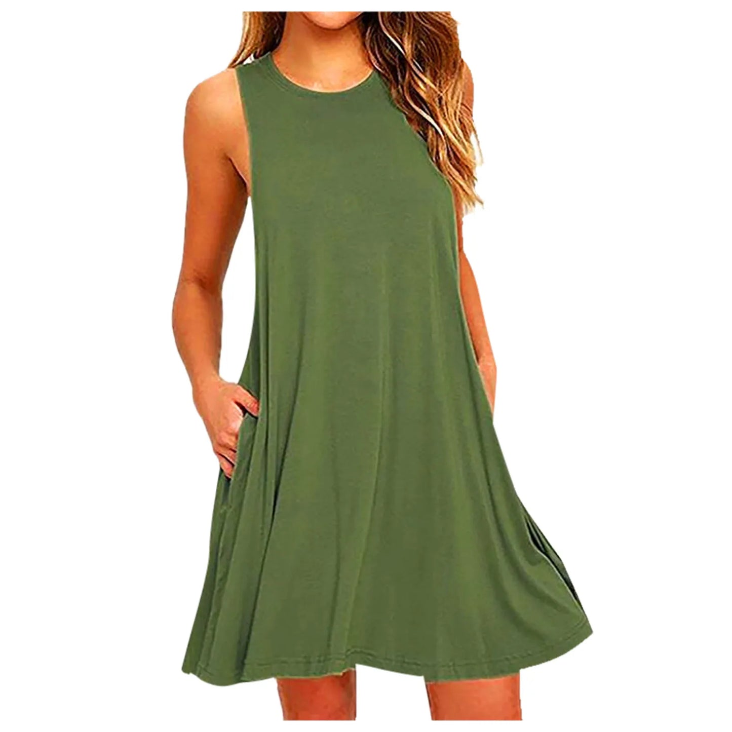 Women Summer Casual Dresses Beach Cover up Plain Pleated Tank Dress, Women Pockets Sleeveless Above Knee Dress Loose Party Dress