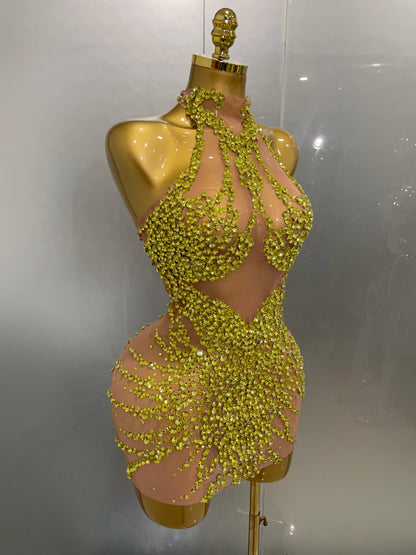 STOCK Sparkly Rhinestones Sexy Mesh See Through Dress Party Evening Prom Celebrate Birthday Dress Singer Dancer Show Stage Wear