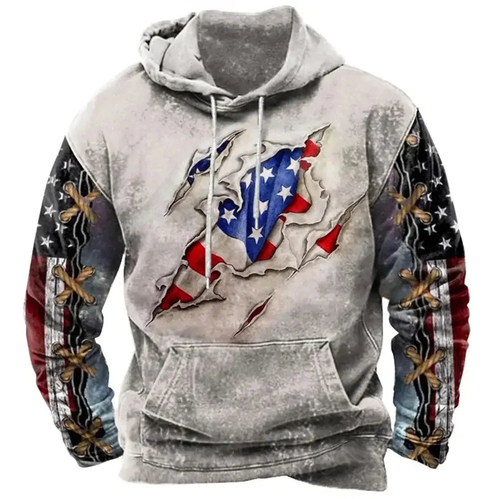 Fashionable American Flag Printed Men's Hoodie Trendy Harajuku Retro Clothing Spring and Autumn New Hoodie Sportswear