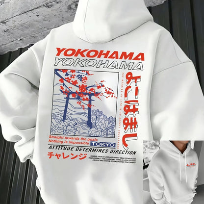 Men's autumn and winter casual fashion loose Tokyo pattern printed long sleeved hooded sweatshirt warm pullover