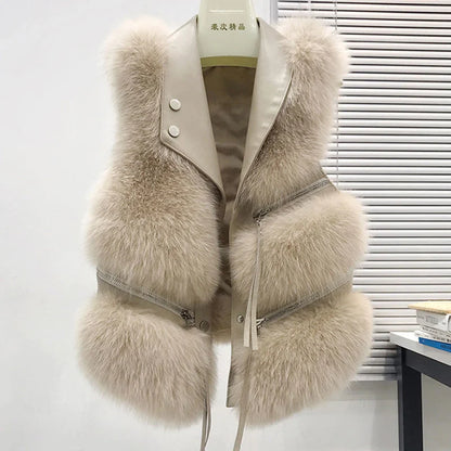 Autumn Winter Splicing Imitation Fox Fur Grass Vest Women Short Jacket 2025New Fashion Versatile Sleeveless Lady Waistcoat Coat