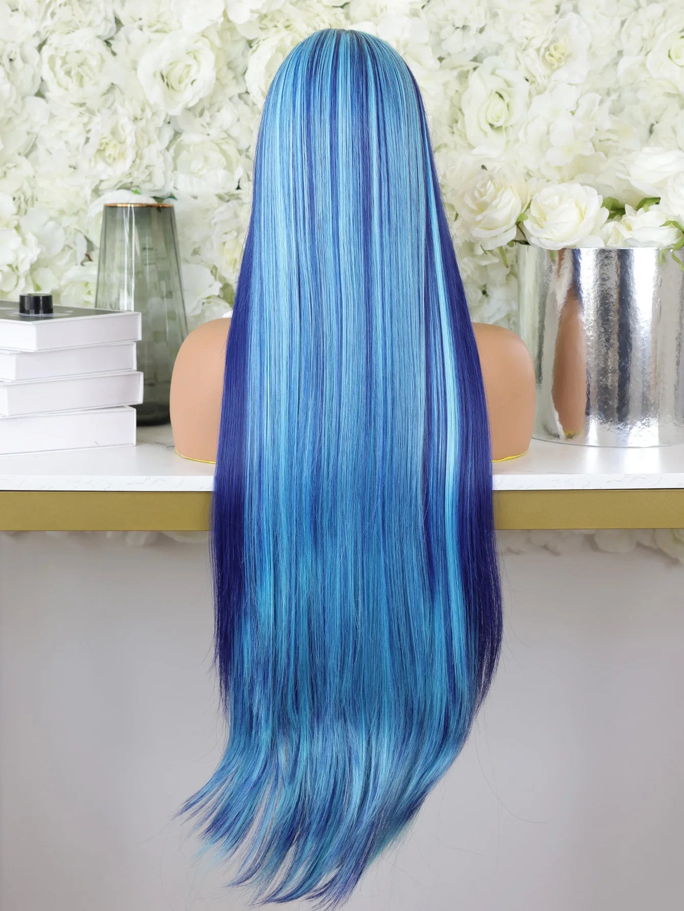 Highlight Blue Ombre Color 13X4 HD Lace Frontal Synthetic Wigs Women Cosplay Straight Prepluck Bleach Knots Baby Hair Glueless