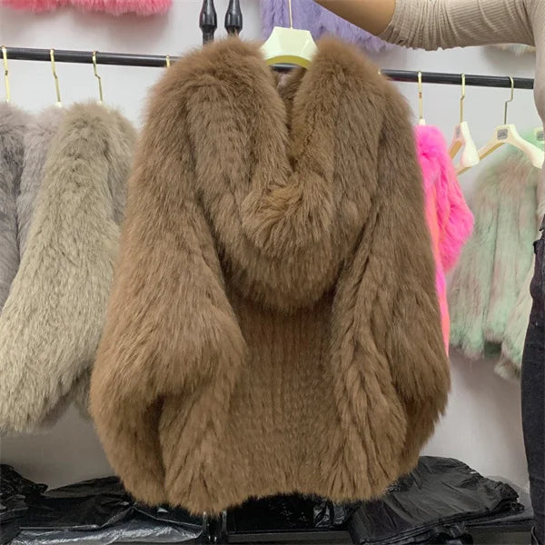 Fox Fur Coat Women's Winter Fashion Warm 100% Fox Fur Coat Hooded Long Sleeved Sweet Women's Luxury Designer Coat