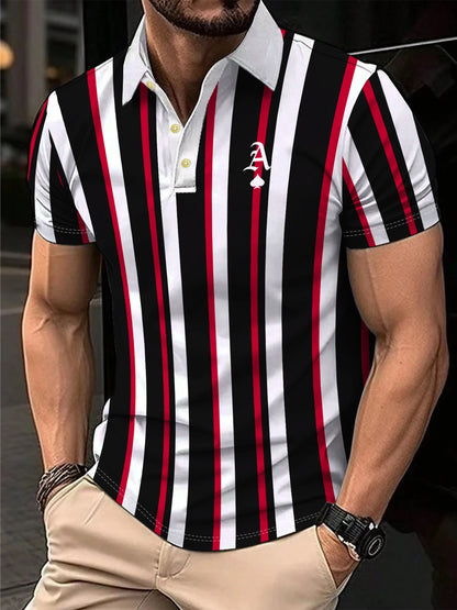 Men's Polo Shirt Summer Outdoor Casual Round Neck Short Sleeve Top Striped Printed Style OverSize T-shirt Loose Men's Clothing
