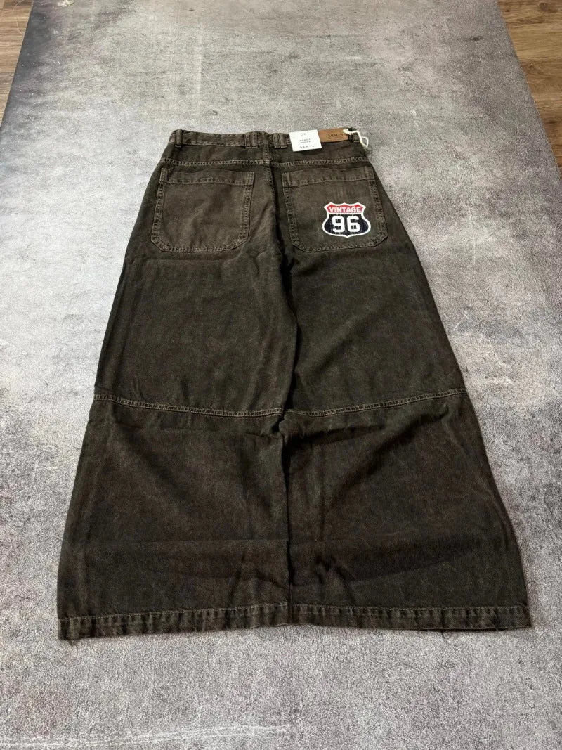 Street Vintage New Letter Embroidered Patch Yellow Washed Baggy Jeans Women Y2K Gothic Hip Hop Popular Couple Wide-leg Pants