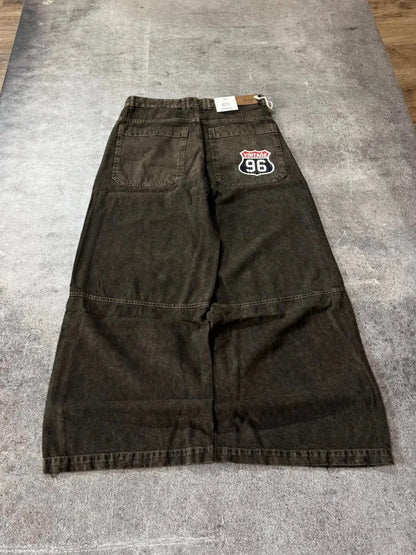 Street Vintage New Letter Embroidered Patch Yellow Washed Baggy Jeans Women Y2K Gothic Hip Hop Popular Couple Wide-leg Pants