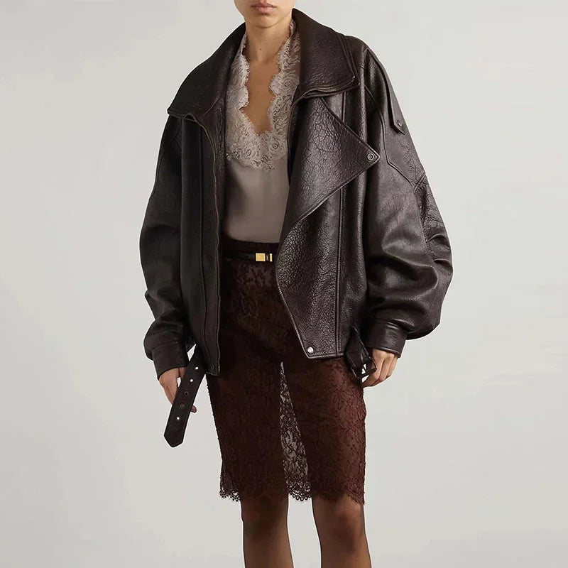 Vintage Zippers Short Leather Jackets Women's Casual Lapel Button Pockets Full Sleeve Coat 2025 Autumn New Lady Chic Streetwear