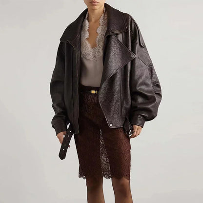 Vintage Zippers Short Leather Jackets Women's Casual Lapel Button Pockets Full Sleeve Coat 2025 Autumn New Lady Chic Streetwear