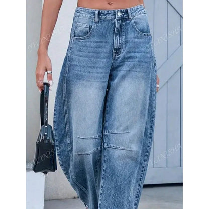 Summer New Style Women's Loose Straight Leg Jeans Draping Washed Wide Leg Long Trousers High Waist Denim Pants