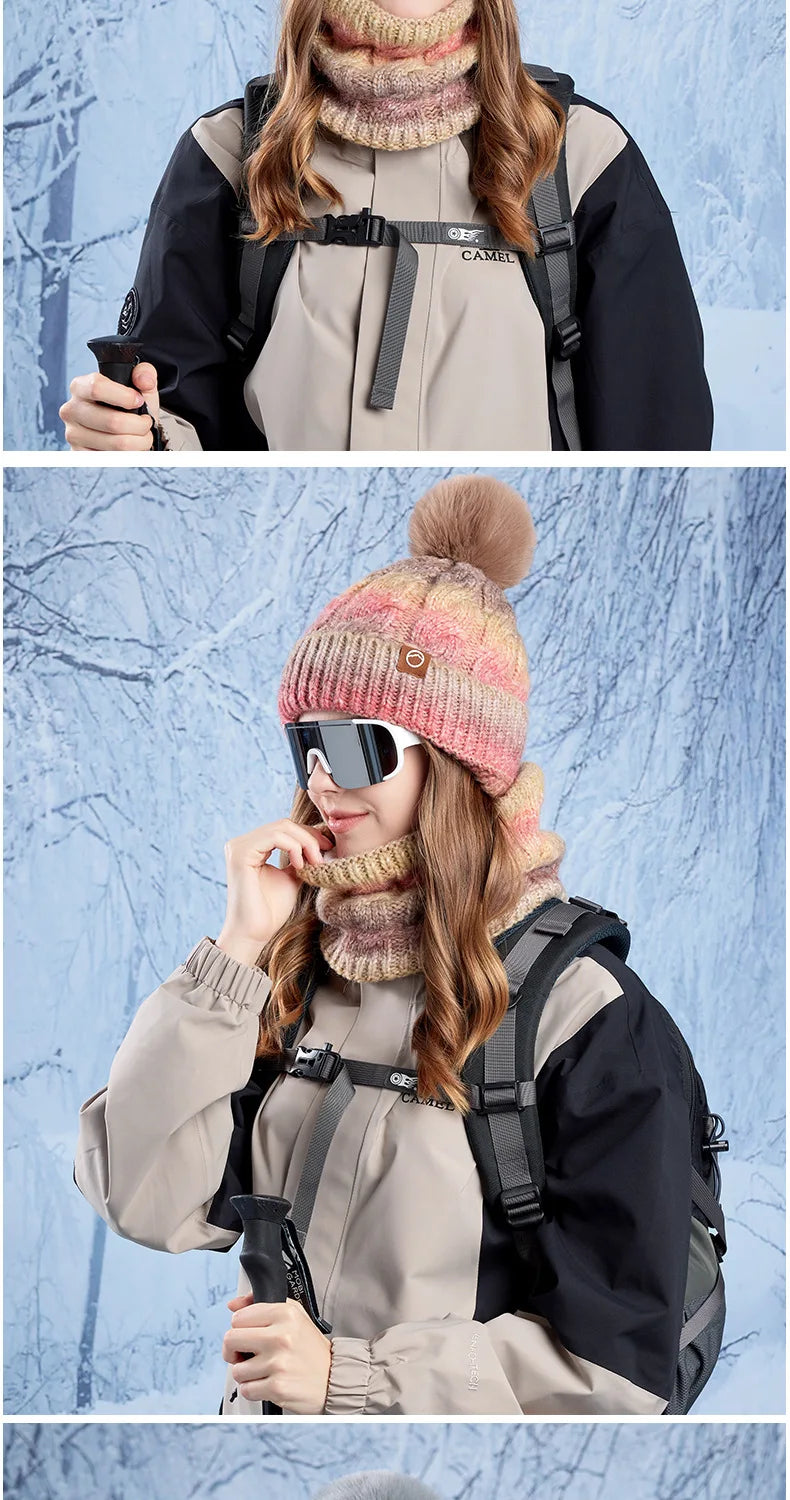 Winter Lady Warm Hat Scarf Two-piece Set Fleece Thickened Gradual Change Color Knitted Skiing Hat Fashion Pullover Hat for Women