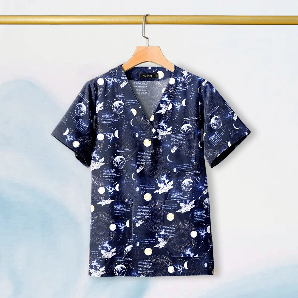 Hot Sales V-Neck Printed Scrub Tops for Women Men Nurse Uniform 100% Cotton Breathable Scrubs Uniforms Medical Blouses Wholesale