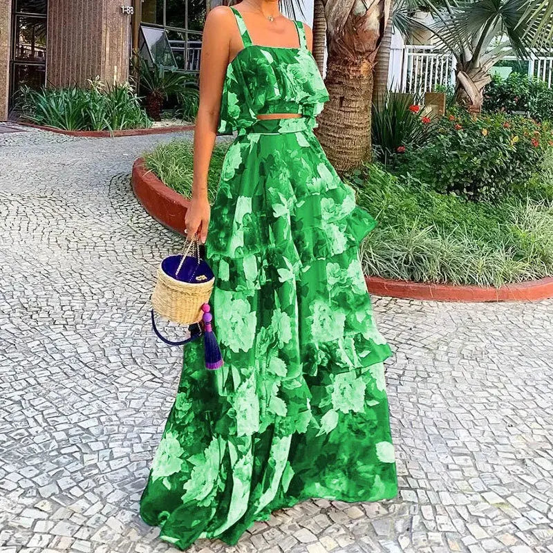 Women Sexy Spaghetti Strap Backless Short Top High Waist Ruffles Stitching Skirt Suit Summer Fashion Vacation Printed Suit