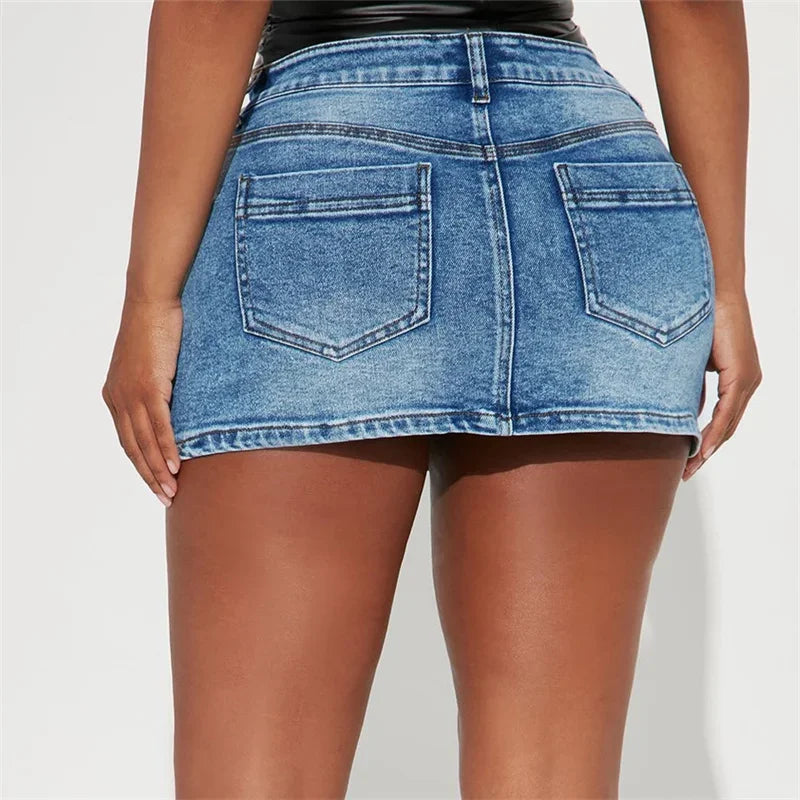 Sexy Slim Button Splice High Waist Ultra Short Skirt Women Summer Wrap Hip Denim Half-body Dress Female Casual Trend Streetwear