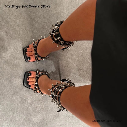 Punk Style Spikes Ankle Strap Stilettos Square Open Toe Thin High Heels Party Shoes Women's Streetwear Evening Trending Sandals