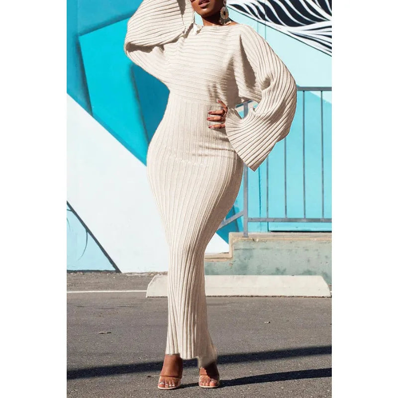 Knitted Dress Women Fashion O Neck Long Sleeve Bodycon Midi Dresses Female Elegant Loose Dresses