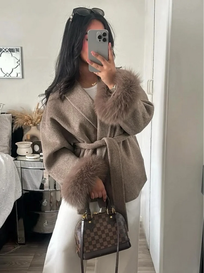 Elegant Lace Up Woolen Short Coat Solid Loose Lapel Furry Belt Long Sleeve Jacket Female 2025 Autumn Winter Lady Chic Cardigan