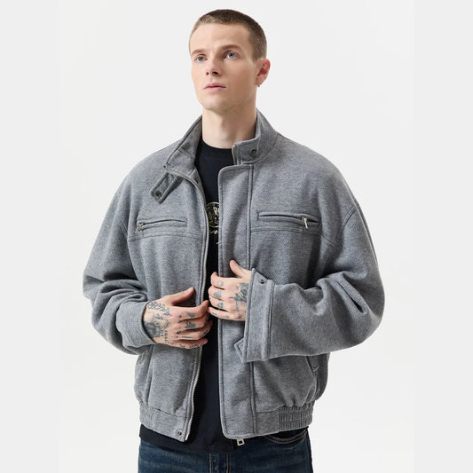 Autumn Winter Woolen Bomber Jacket Men Stand Collar Vintage Fashion Loose Casual Short Cargo Jacket Korean Streetwear Coat