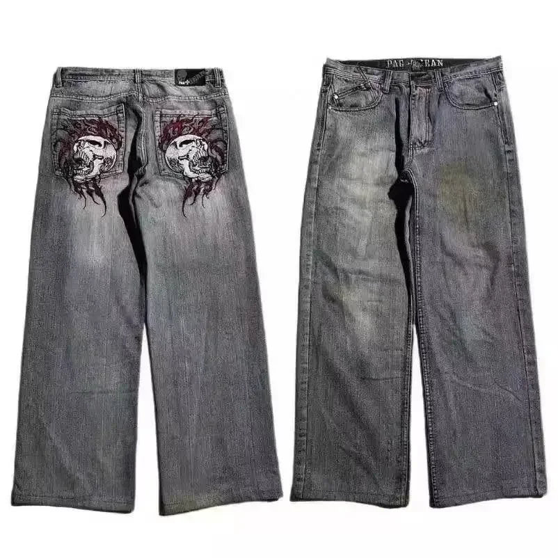 Y2K Best Selling Explosions Men and Women With Retro Embroidery Baggy Jeans Harajuku Rock Hip-Hop Casual Joker Wide Trousers