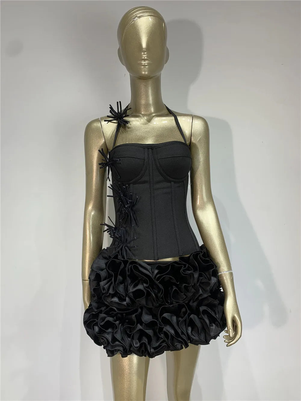 Women Sexy Party Dress Halter Laced Up Crop Top And Flowers Mini Skirt Two Piece Sets Club Evening Celebrity Outfits Wholesale