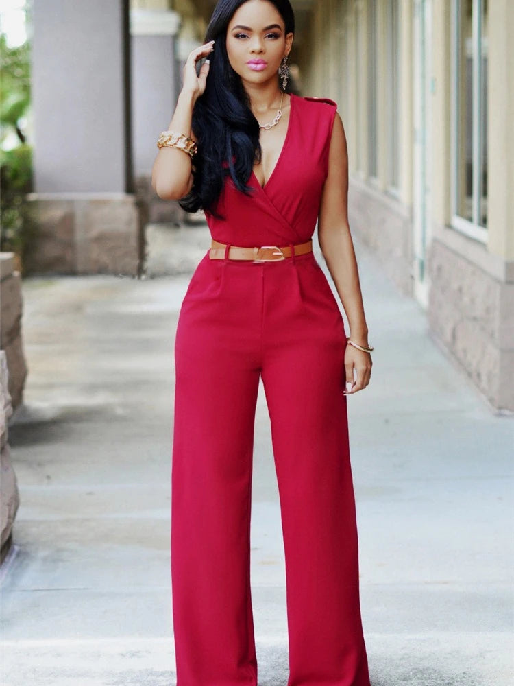 Business Formal Jumpsuit Work Wear Women Romper Elegant Long Deep V Neck Sleeveless High Waist Wrap Jumpsuits Fashion Streetwear