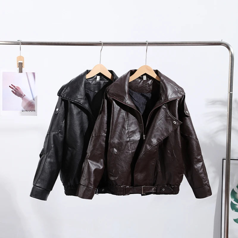 Vintage Zippers Short Leather Jackets Women's Casual Lapel Button Pockets Full Sleeve Coat 2025 Autumn New Lady Chic Streetwear